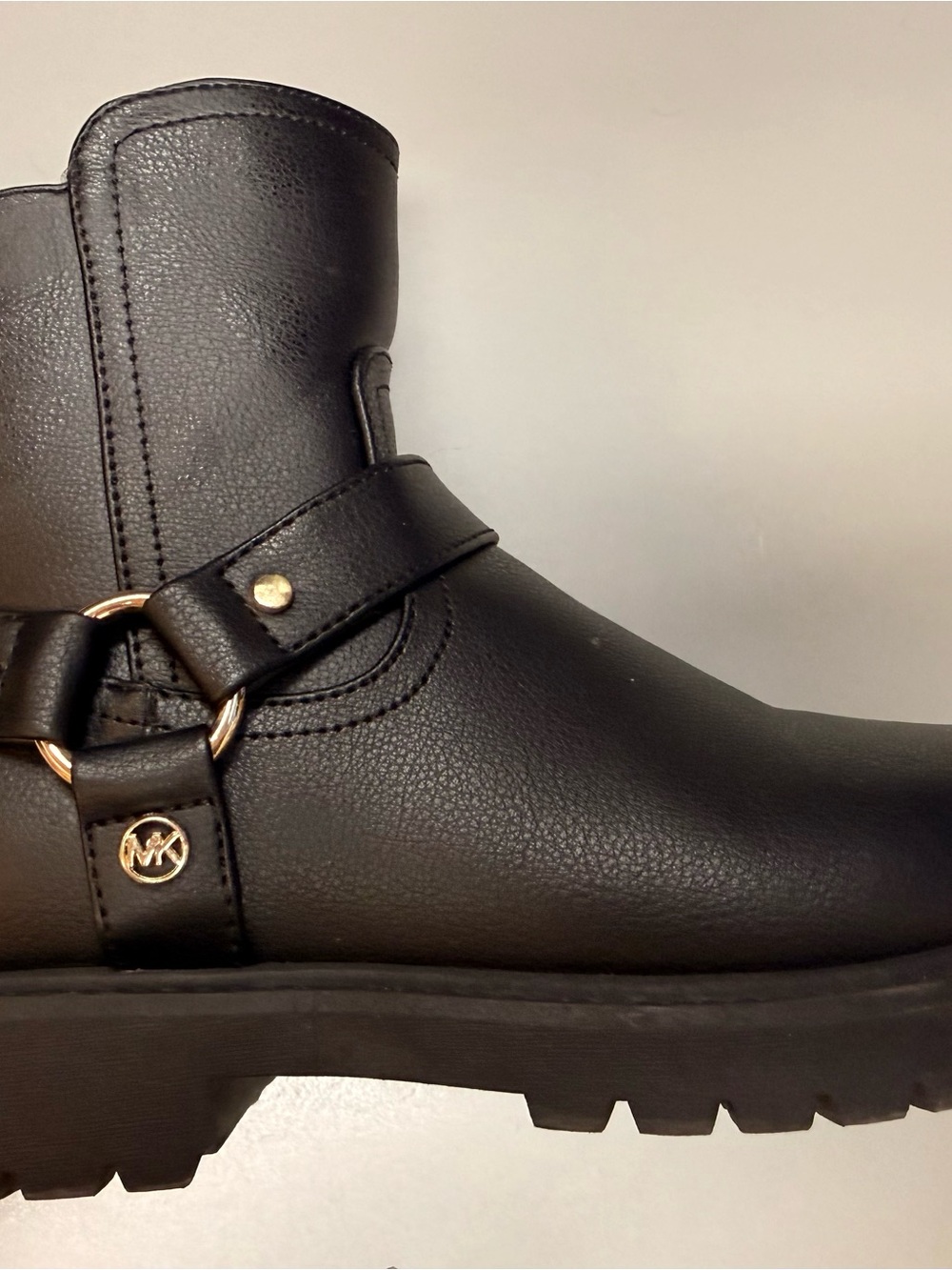 Michael Kors Black Leather Lug Sole Ankle Booties with Gold Accents